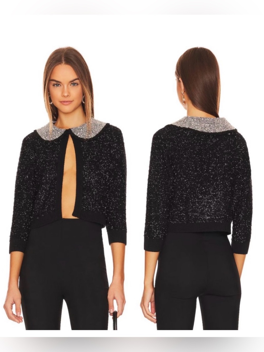 Alice + Olivia New Sparkle Black Cropped Cardigan with Silver Collar. Size XS